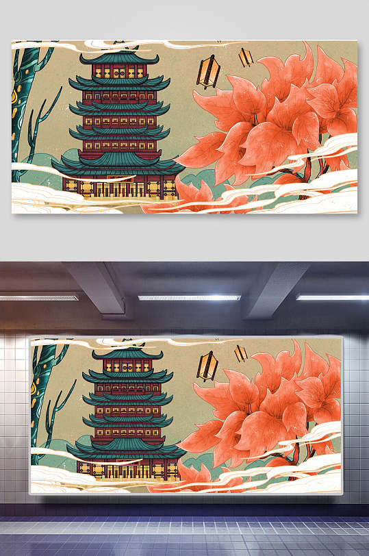 黄鹤楼国潮风简约手绘城市印象插画