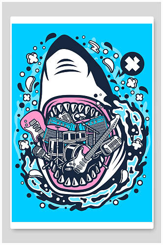 鲨鱼音乐节涂鸦插画印花图案设计