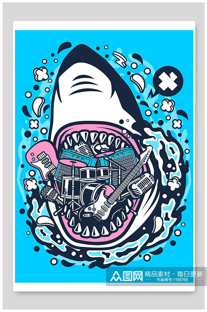 鲨鱼音乐节涂鸦插画印花图案设计素材