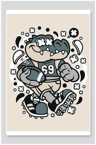鳄鱼橄榄球运动员涂鸦插画印花图案设计