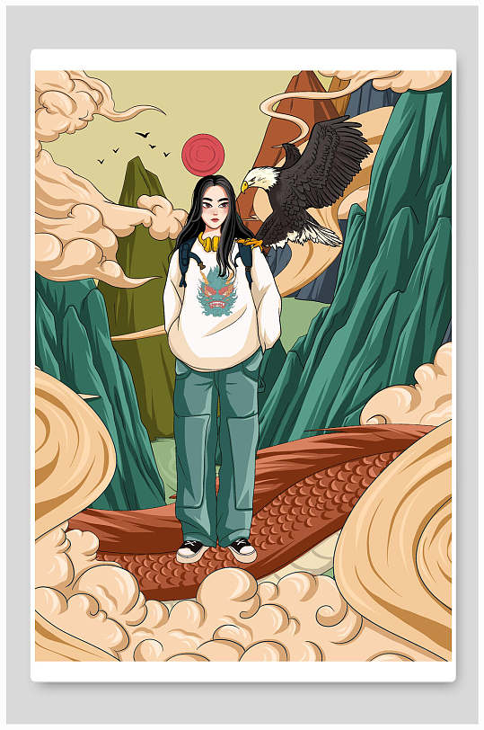 老鹰嘻哈少女国潮风人物手绘插画海报设计