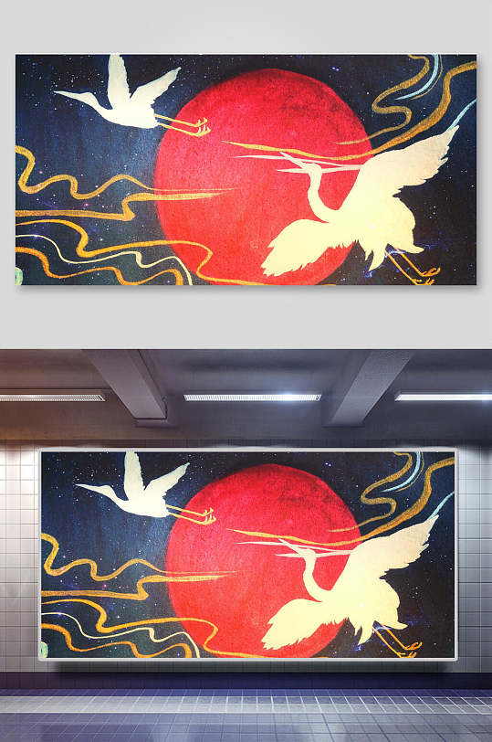 红日仙鹤日式手绘插画和风