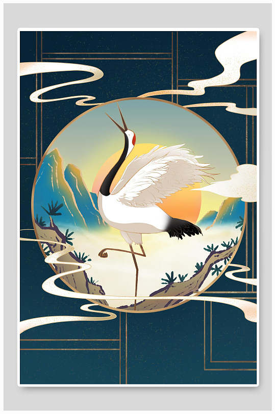 烫金青绿山水仙鹤国潮中国风插画