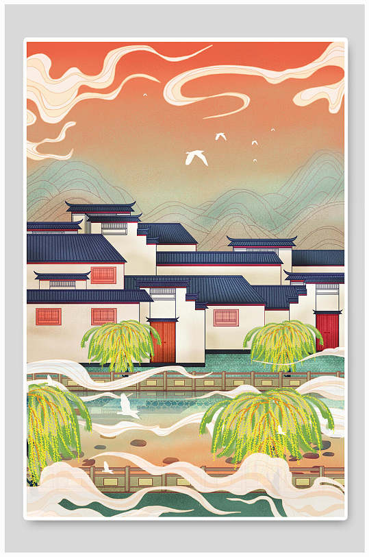 徽派建筑国潮风简约手绘城市印象插画