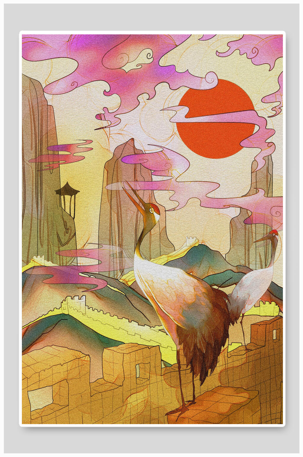 水彩长城丹顶鹤国潮中国风插画素材