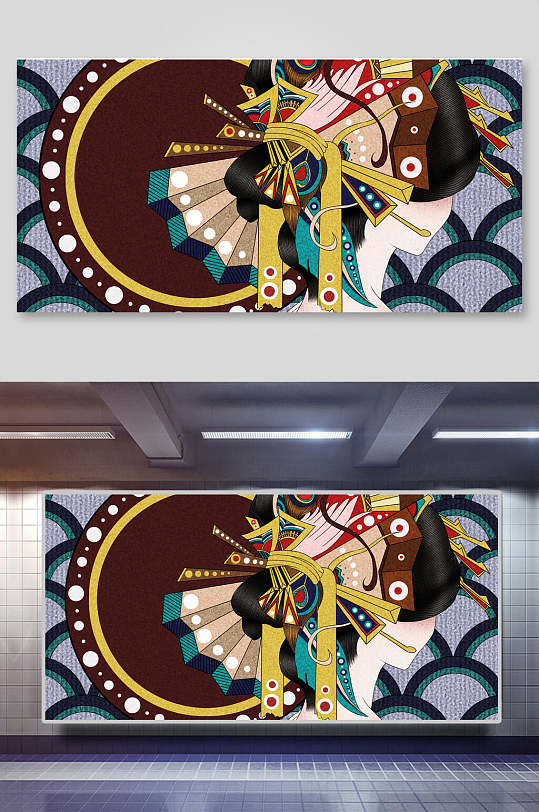 装饰风艺妓头饰日式手绘插画和风