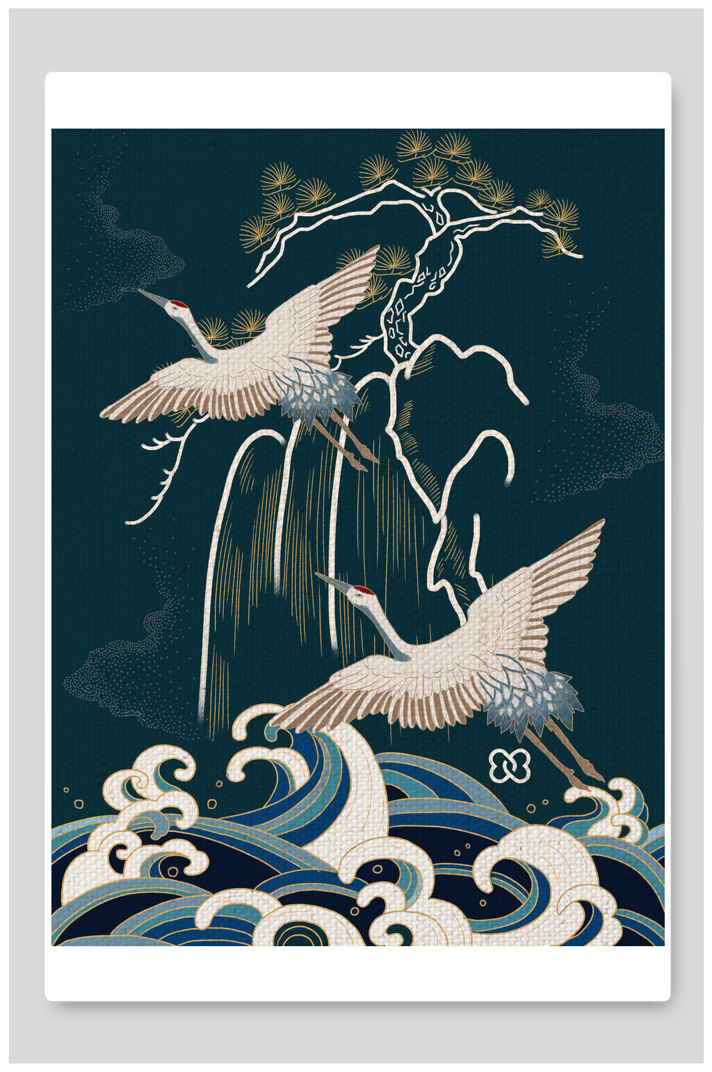 复古国潮风仙鹤手绘插画素材