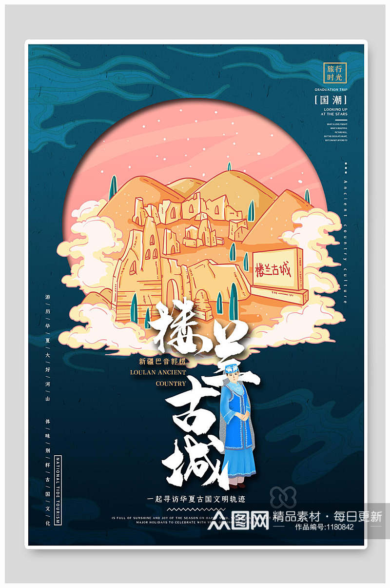 楼兰古城旅游景区中国风国潮文化城市景点建筑插画素材