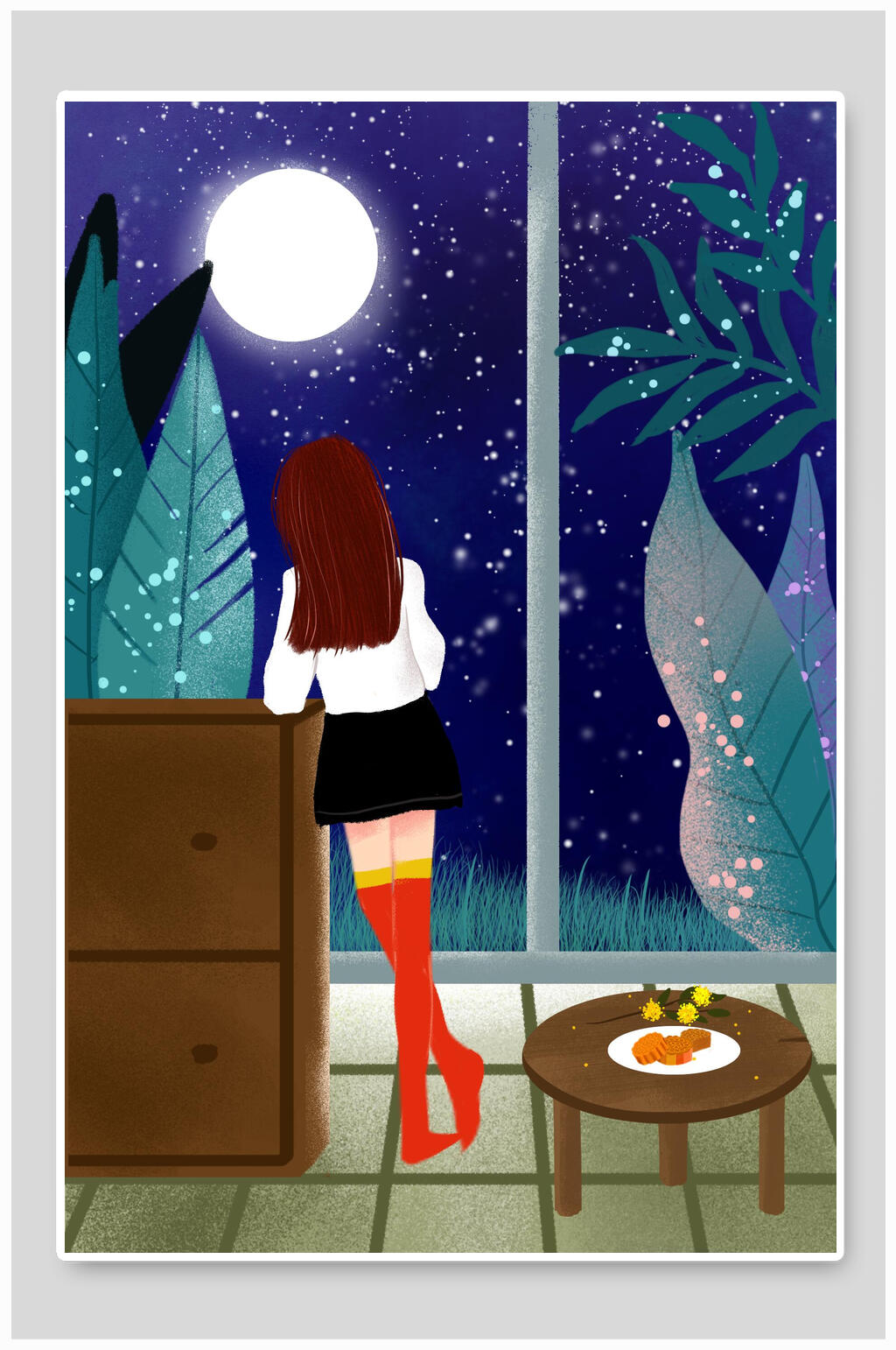 创意女孩中秋节插画素材