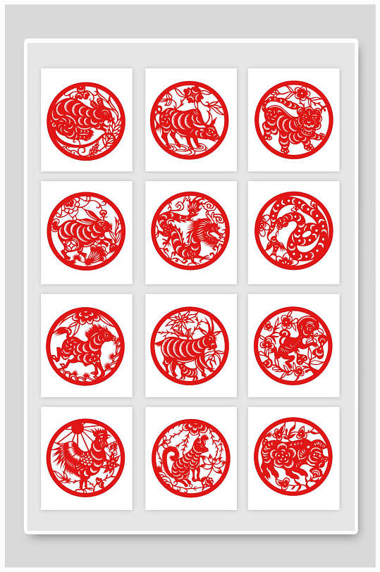 矢量十二生肖剪纸窗花设计-众图网