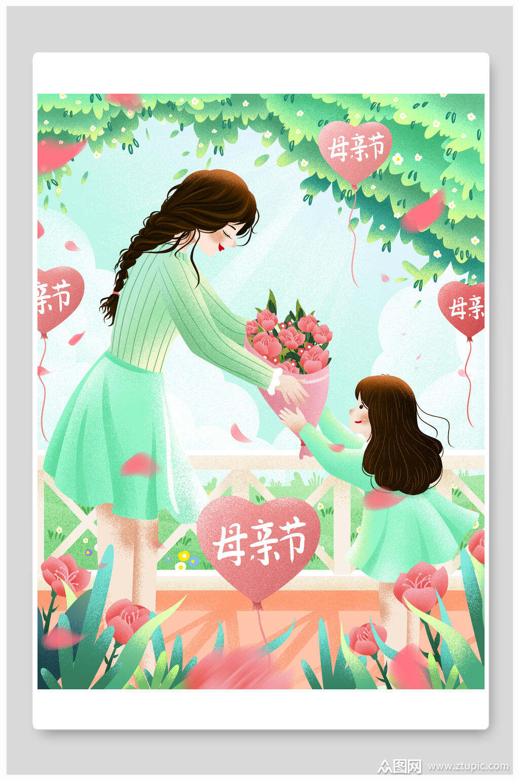 清新唯美母亲节女孩送花给母亲插画素材