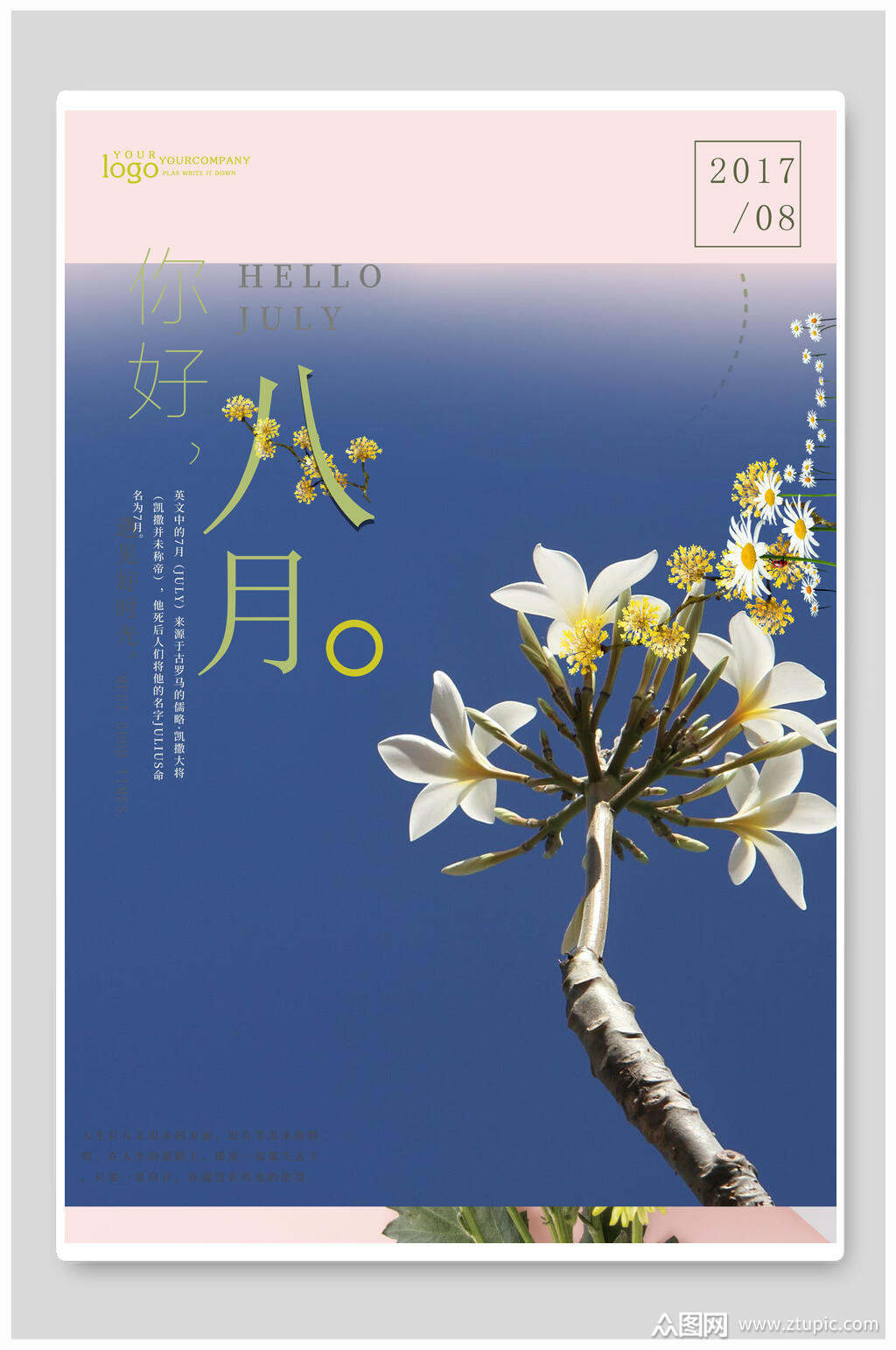 文艺小清新海报设计八月你好