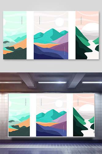 日式背景和风日系几何抽象三联装饰插画