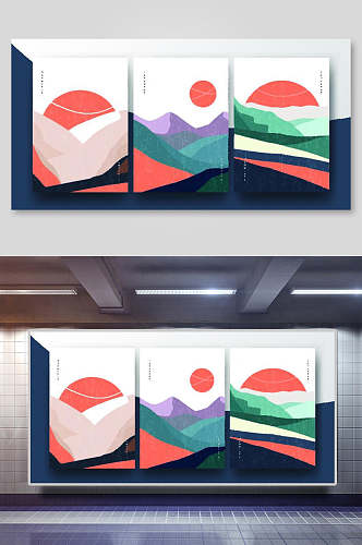 富士山日式背景简约抽象艺术三联装饰插画