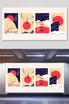 日式背景和风几何抽象神社四联装饰插画