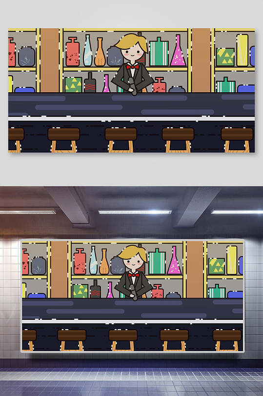 可爱手绘插画mbe风格吧台酒保酒吧场景