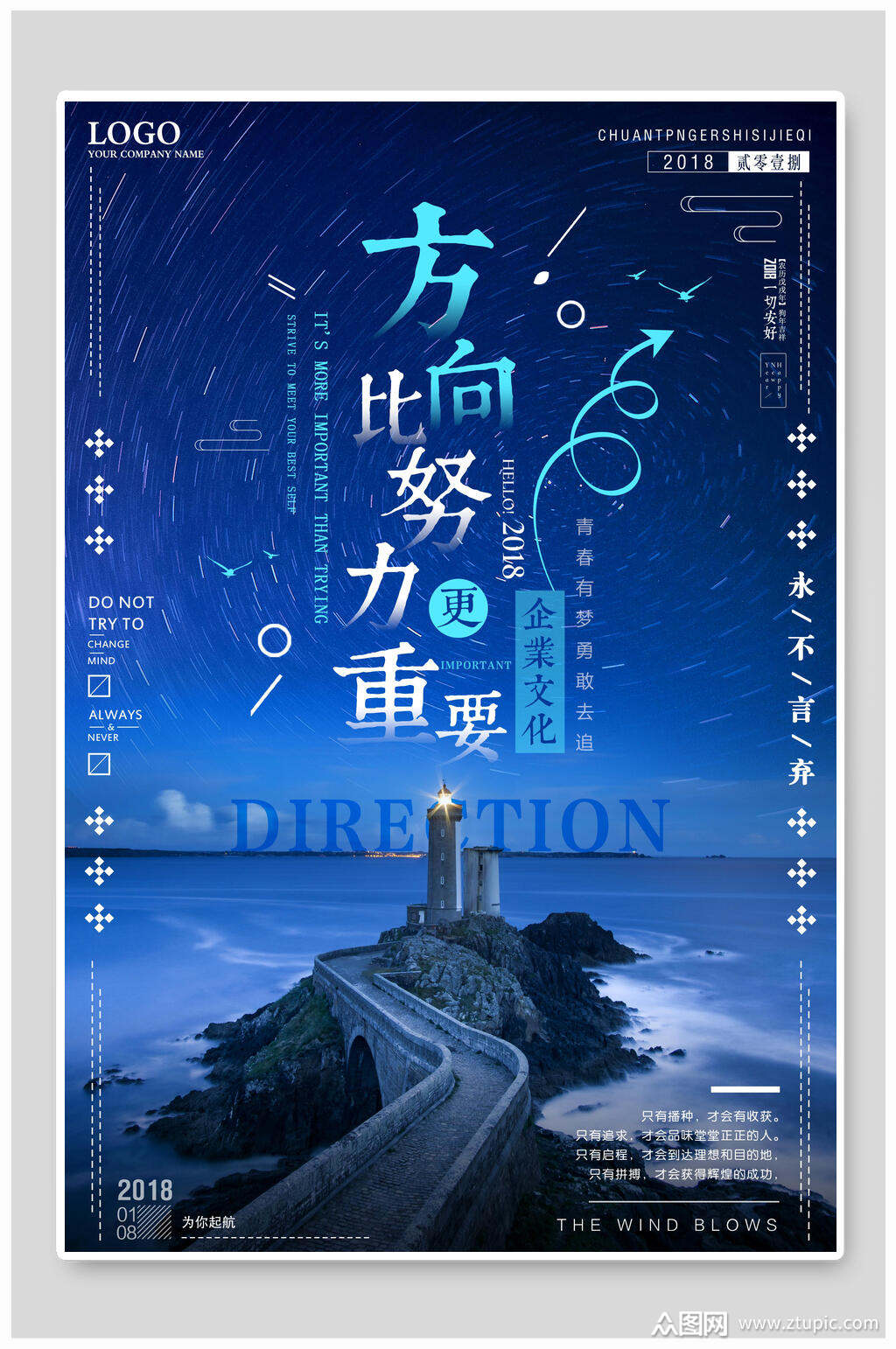 蓝色方向比努力更重要企业文化海报