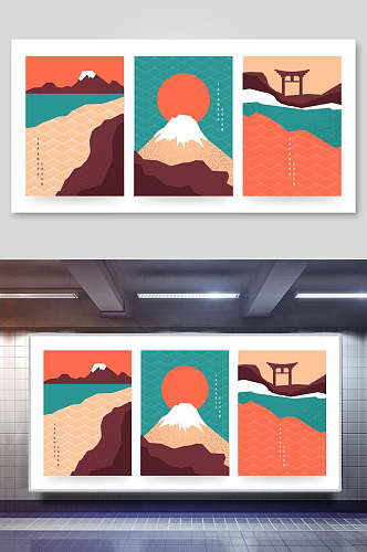 日式背景简约抽象艺术三联装饰插画富士山
