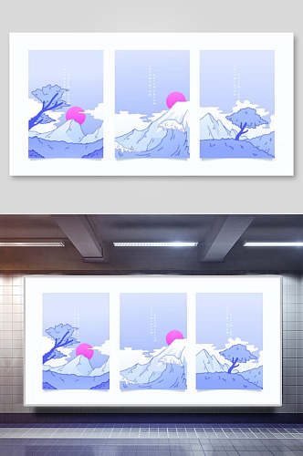 日式背景和风几何抽象三联装饰插画蓝紫色