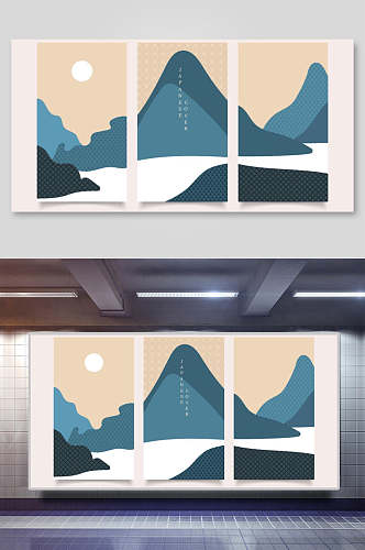 日式背景山水高山流水抽象三联装饰插画