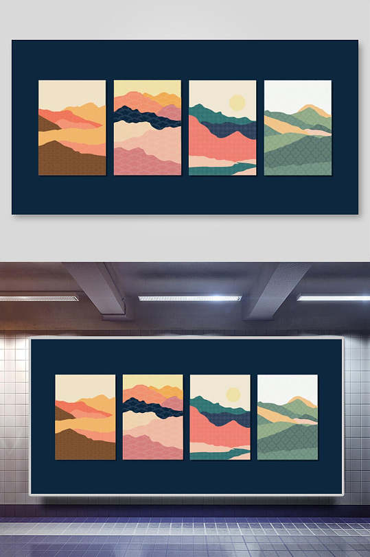 日式背景四季简约抽象艺术四联装饰插画