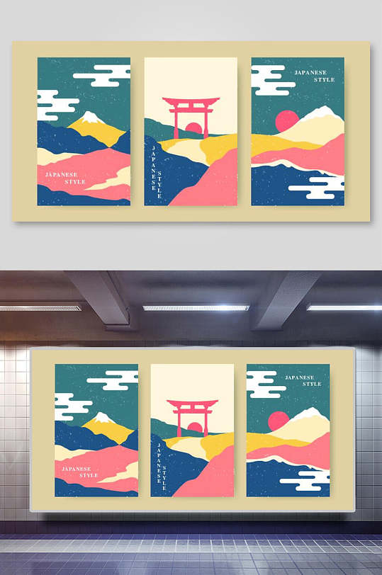 日式背景简约抽象艺术三联装饰插画神社