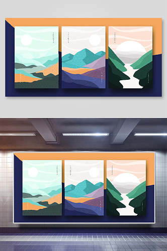 日式背景简约抽象艺术三联装饰插画山河