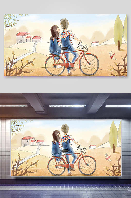 情侣单车插画