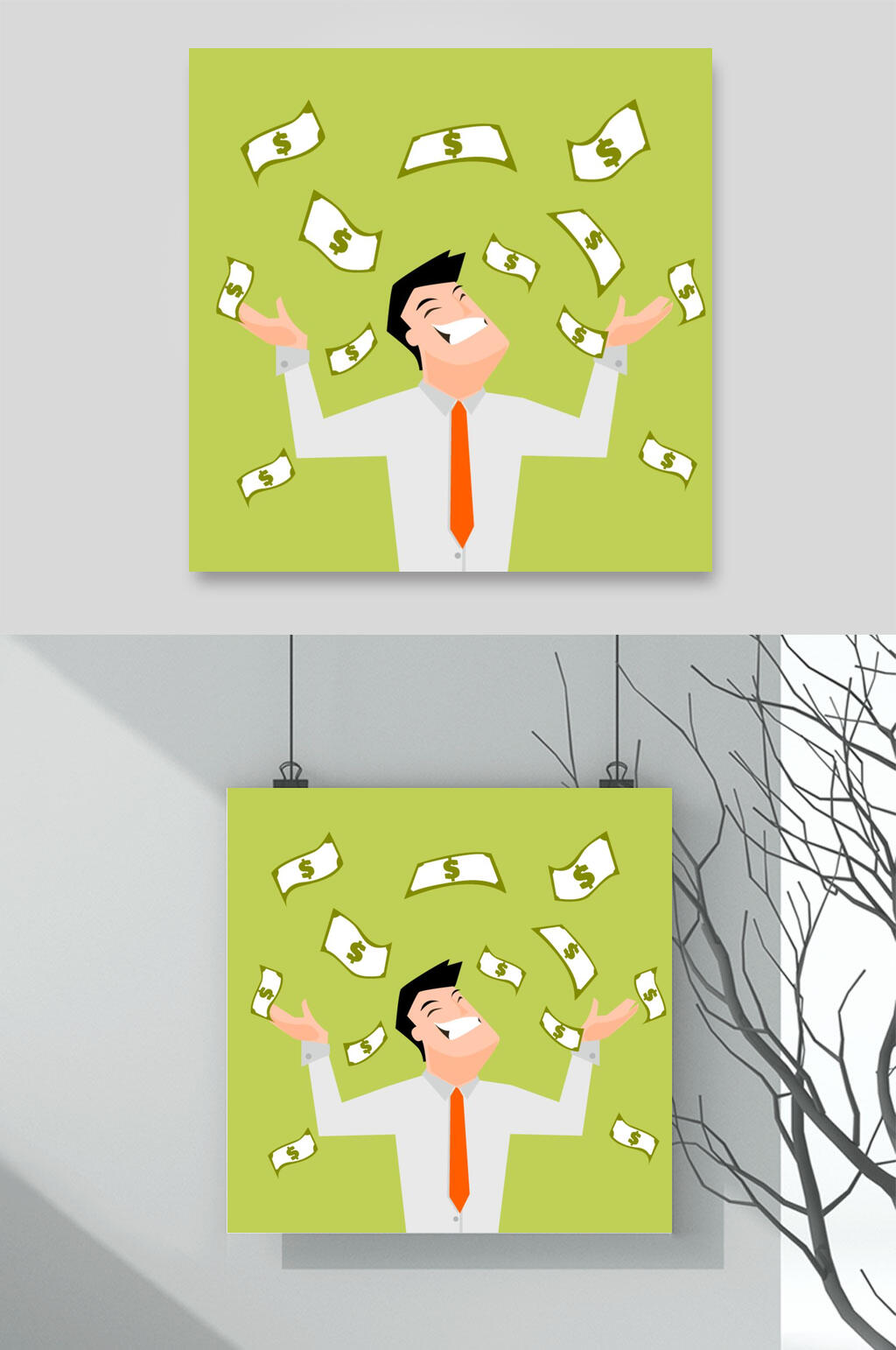绿色手绘金钱人物设计元素素材