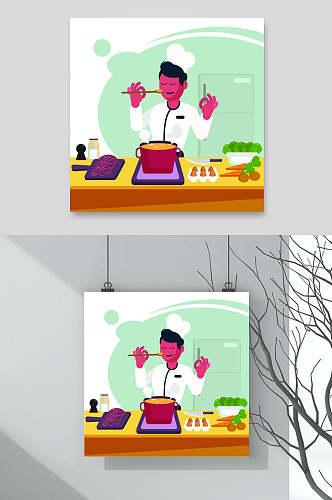 厨师烹饪主材场景插画素材