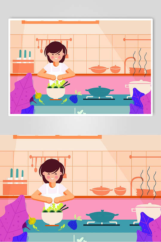 妈妈厨房煮菜场景插画素材-众图网