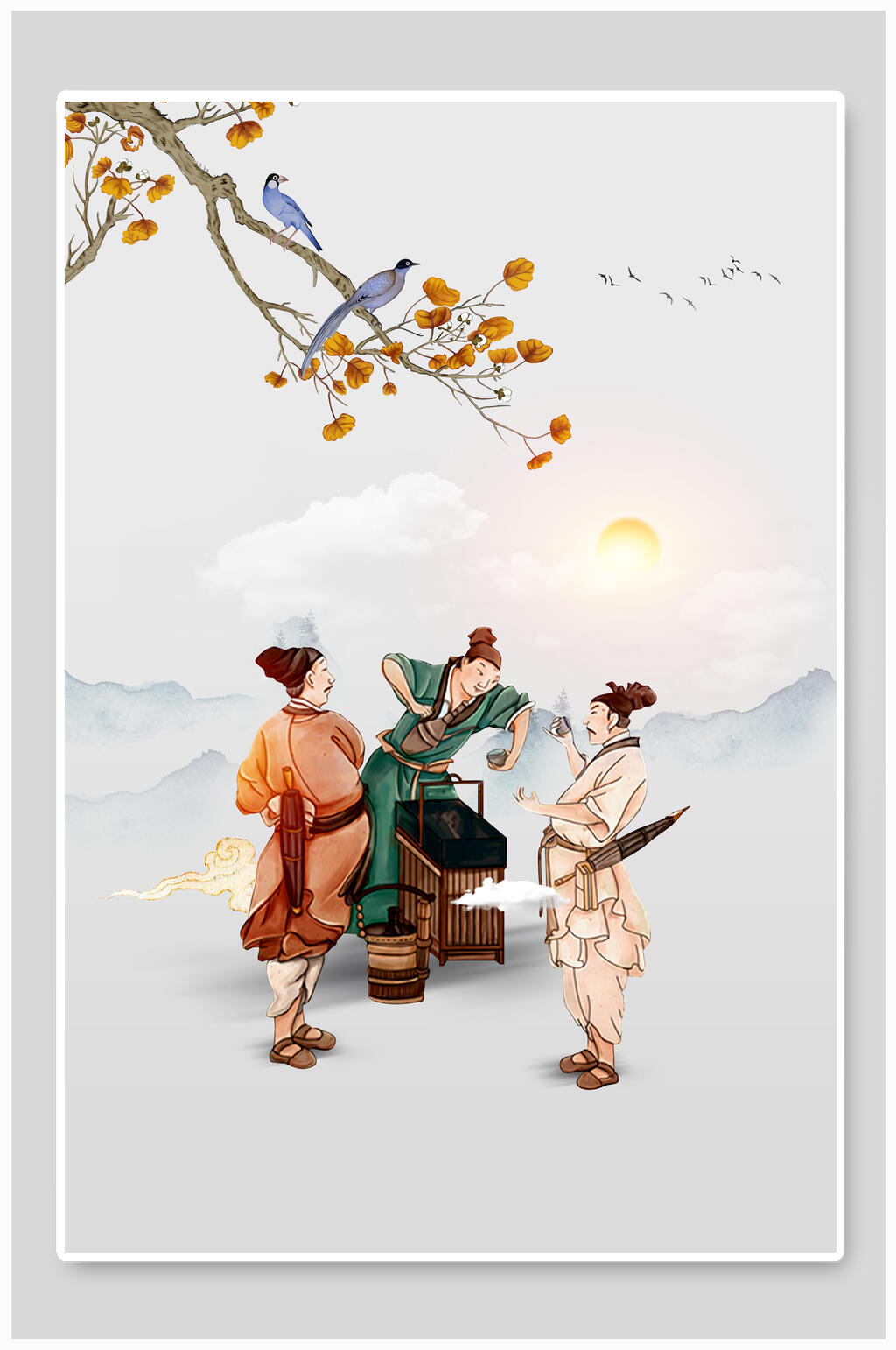 中国风背景客官太阳树枝素材