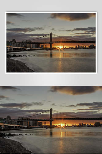 城市江畔夕阳西下高清图片