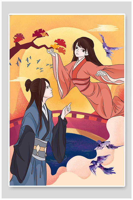 七夕情人节古代情侣插画-众图网