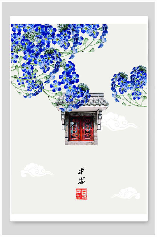 中国风蓝色花丛徽派建筑背景素材
