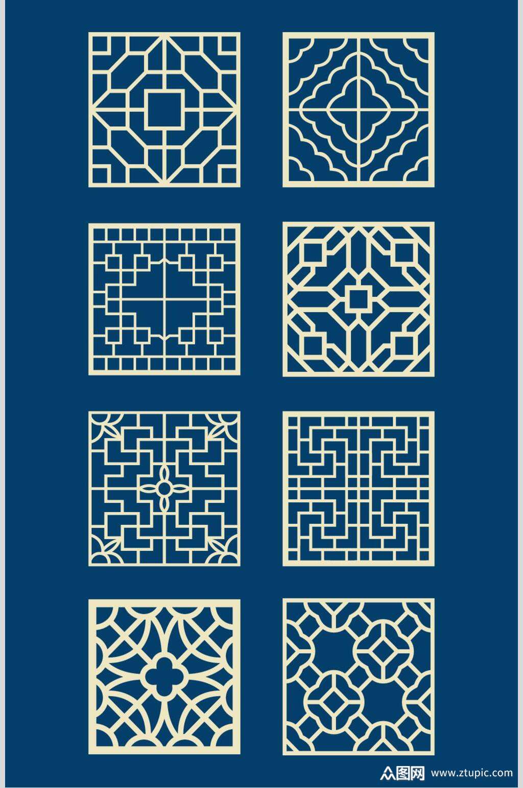 蓝色中式窗花方形元素素材
