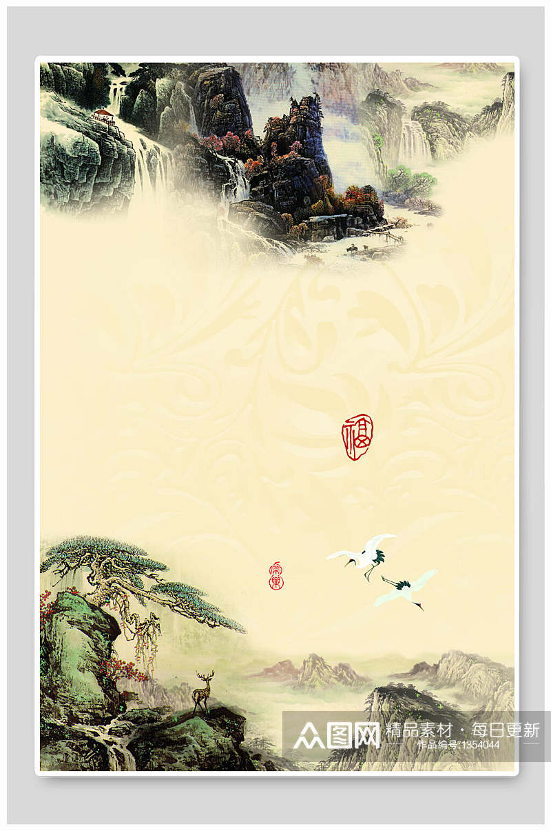 中国风山水瀑布鹤背景素材