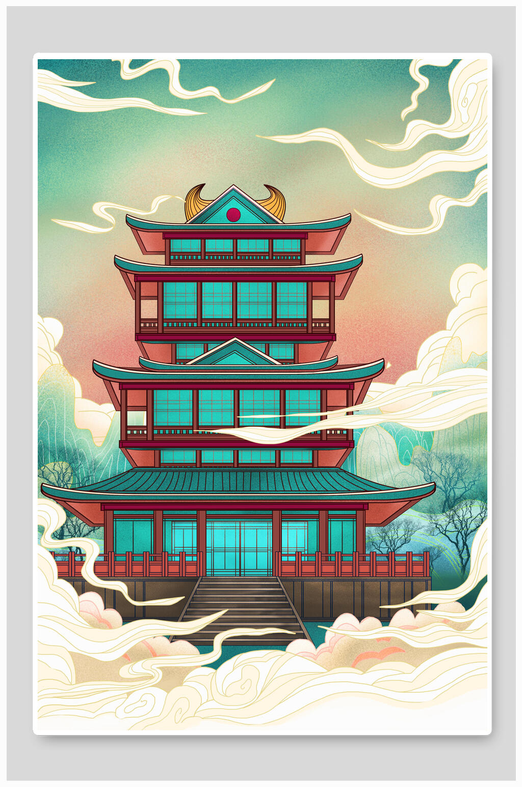 云彩缭绕蓝色宫殿城市插画海报素材