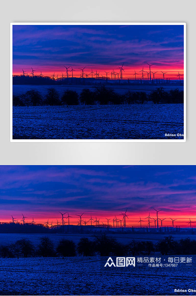 风景红紫蓝电力风车高清图片素材