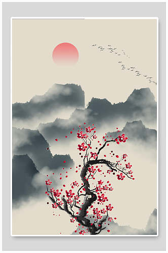 中国风背景水墨红梅背景素材