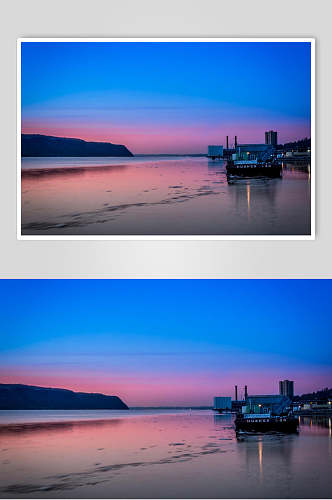 蓝粉紫色沙滩游船夜景高清图片
