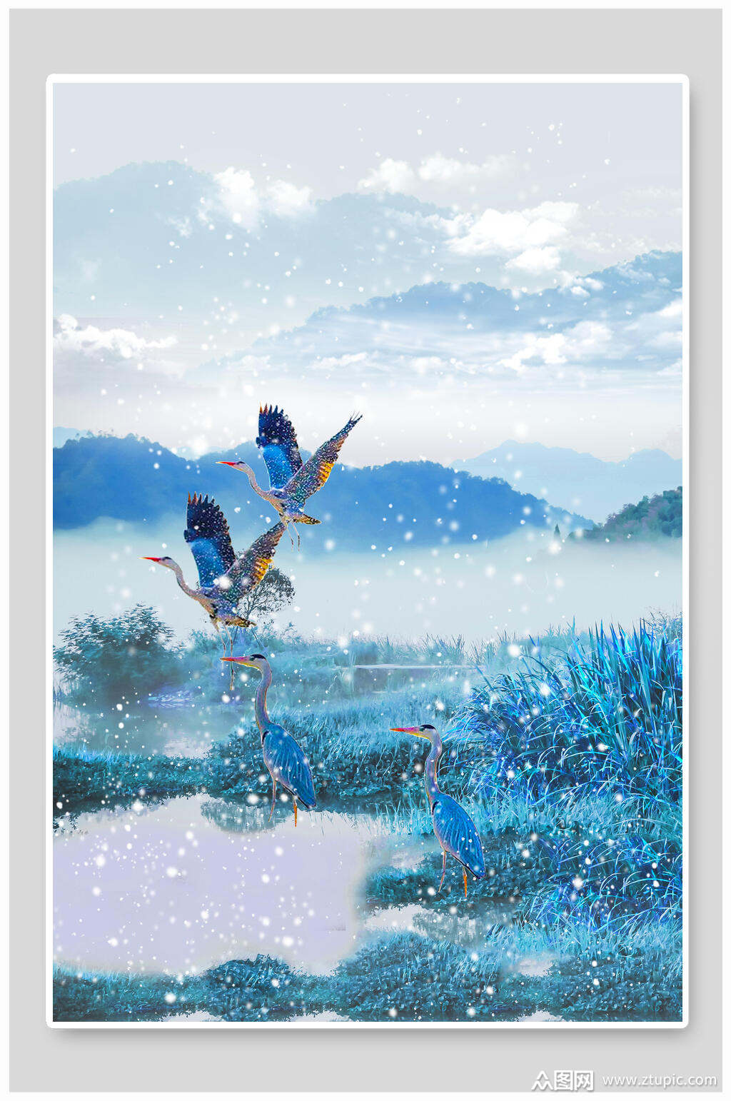 中国风背景仙鹤鹭鸶背景素材模板下载-编号1256398-众图网
