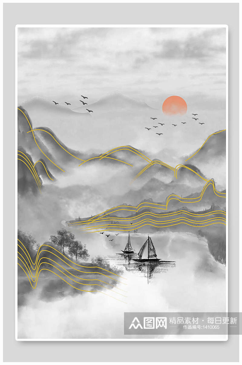 中国风帆船烫金国风背景素材素材