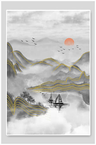 中国风帆船烫金国风背景素材