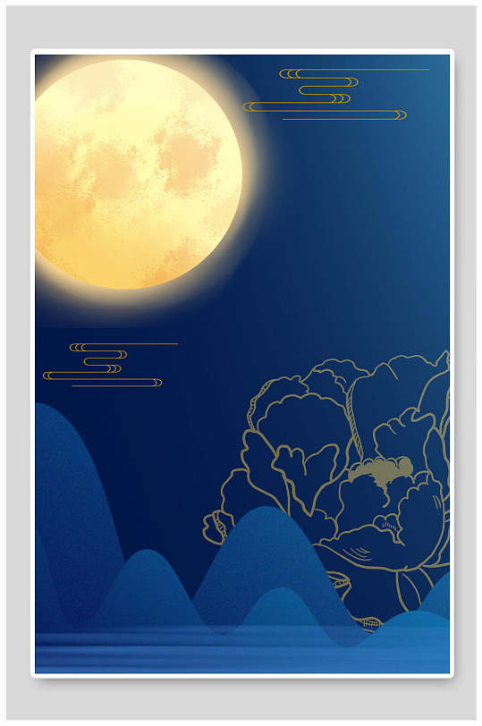深蓝色中式月亮牡丹背景素材