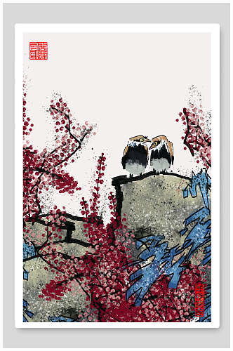 喜鹊中国风水墨画海报