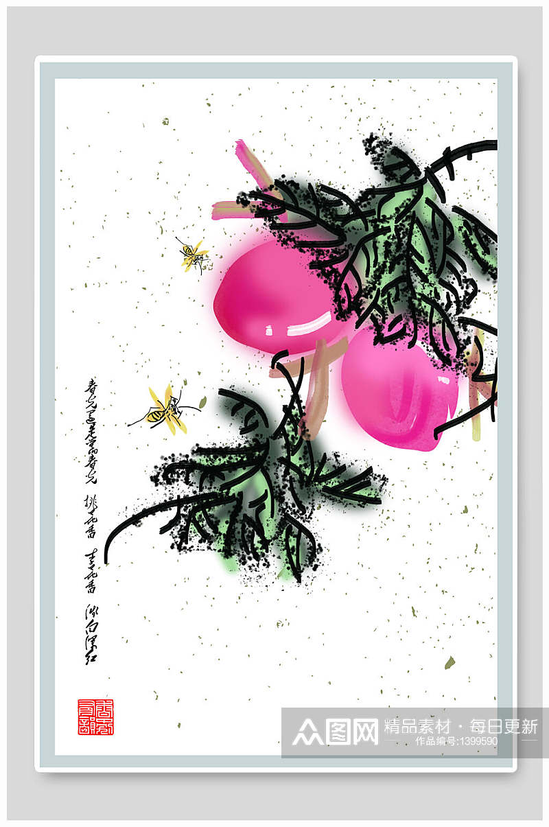 中国风水墨画桃子和蚂蚱海报素材