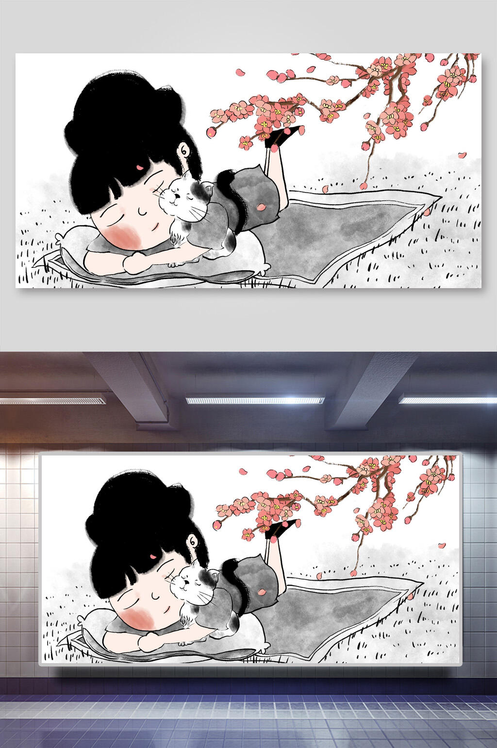水墨节气海报桃枝下的女孩和猫素材