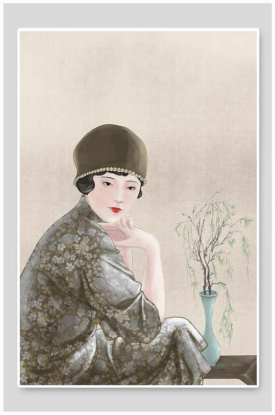 中国风旗袍人物水墨画