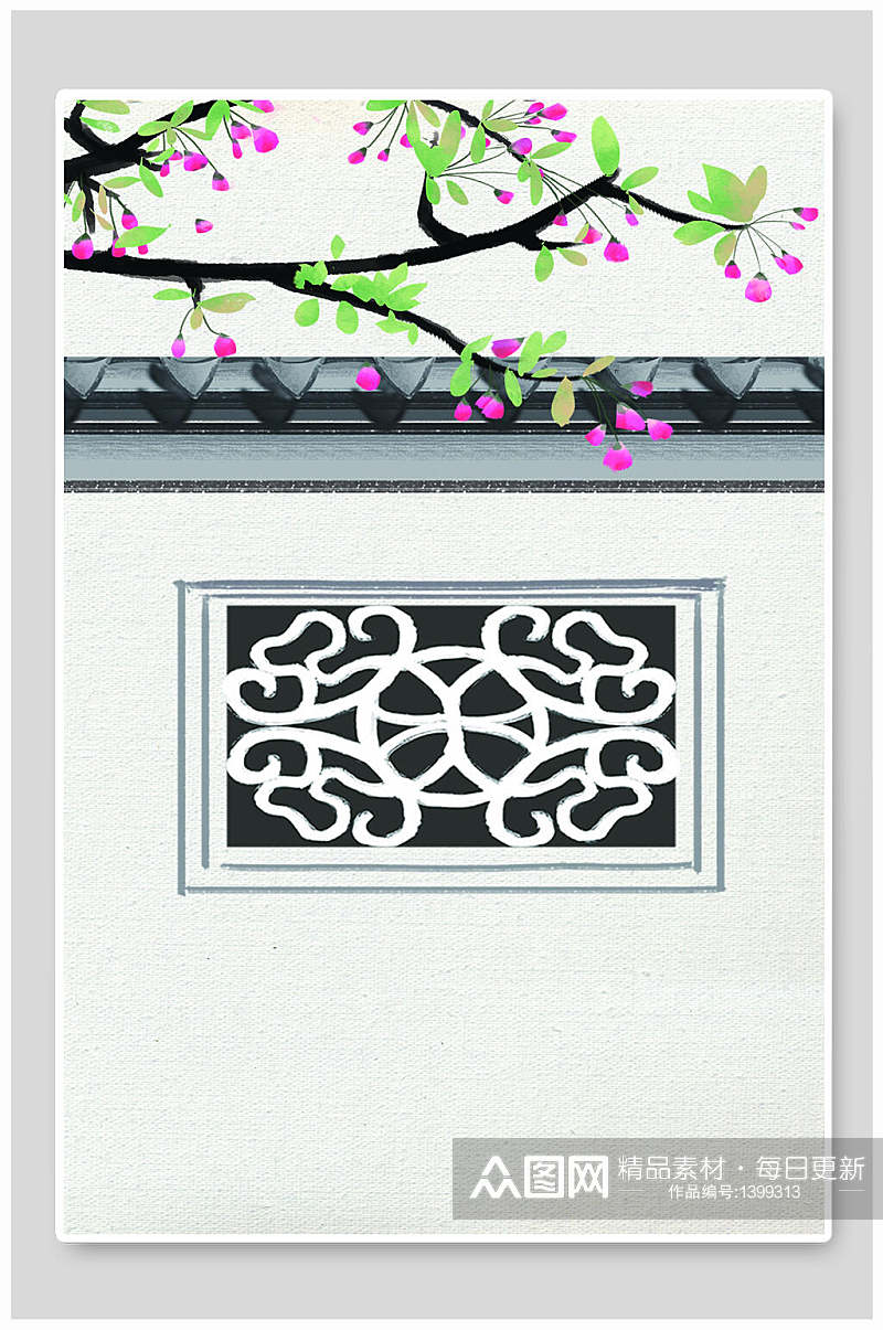 中国风水墨画窗和瓦墙素材